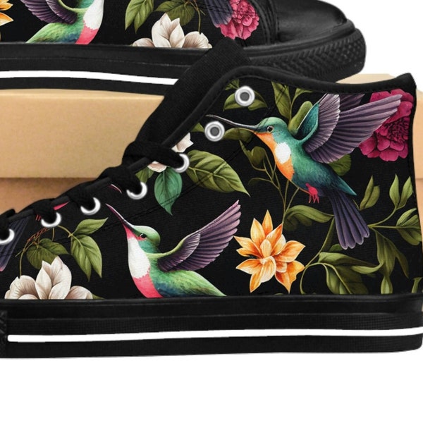 Women's Classic Sneakers Hummingbirds and Flowers Sneakers - Trippy Festival Wear High Top Canvas shoes Dj Rave Hippie Techno Vegan Shoes