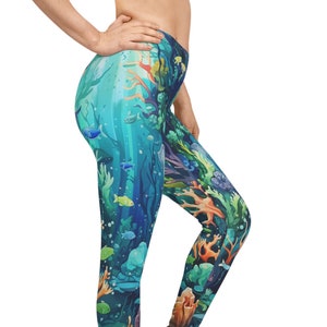 Coral Paradise Leggings for Women Undersea Fish Boho Clothing, CottageCore Plus Size Printed Oceania Yoga Pants