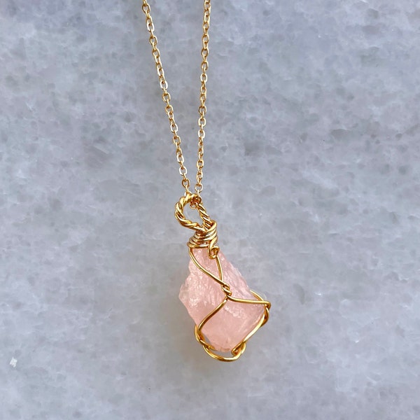 Rose Quartz Necklace, Petite Gold Natural Stone,Positive Energy, Handmade Healing Crystal Jewelry, Birthday Gift for Her