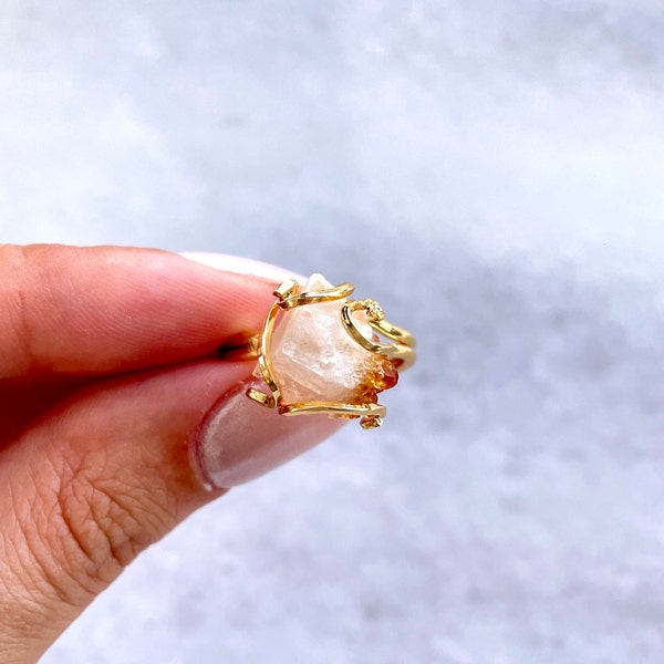 Citrine Crystal Ring, Petite Gold Natural Stone, Positive Energy, Handcrafted Wire Wrapped Pendant, Birthday Gift