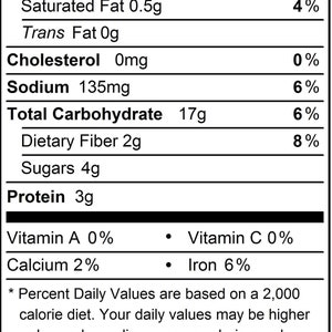 Puede incluir: Etiqueta de informaci&oacute;n nutricional para un producto alimenticio con 120 calor&iacute;as por porci&oacute;n, 5 gramos de grasa, 17 gramos de carbohidratos y 3 gramos de prote&iacute;na. La etiqueta tambi&eacute;n incluye el porcentaje del valor diario para varios nutrientes, como la grasa, la grasa saturada, el colesterol, el sodio, los carbohidratos totales, la fibra diet&eacute;tica, los az&uacute;cares, la prote&iacute;na, la vitamina A, la vitamina C, el calcio y el hierro.