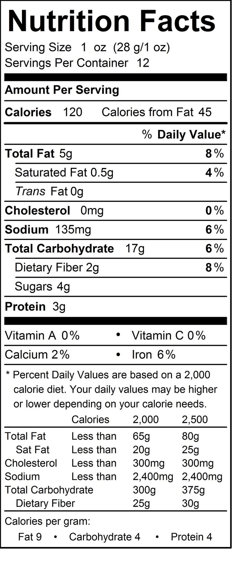 Puede incluir: Etiqueta de informaci&oacute;n nutricional para un producto alimenticio con 120 calor&iacute;as por porci&oacute;n, 5 gramos de grasa, 17 gramos de carbohidratos y 3 gramos de prote&iacute;na. La etiqueta tambi&eacute;n incluye el porcentaje del valor diario para varios nutrientes, como la grasa, la grasa saturada, el colesterol, el sodio, los carbohidratos totales, la fibra diet&eacute;tica, los az&uacute;cares, la prote&iacute;na, la vitamina A, la vitamina C, el calcio y el hierro.