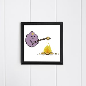 May include: A purple pixelated character with a star on its head is holding a stick over a campfire. The character is roasting a marshmallow over the fire.