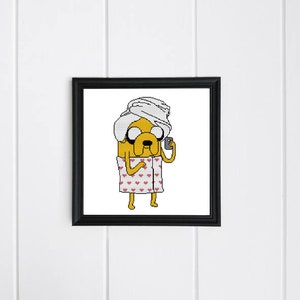 May include: A yellow cartoon dog wearing a white towel on its head and a pink and white robe with hearts. The dog is holding a phone to its ear.