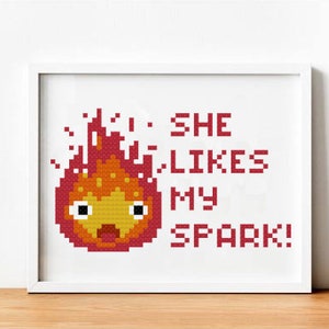 Calcifer from Howl&#39;s Moving Castle Embroidery Pattern, Studio Ghibli Anime Cross Stitch, Beginner Needlework, Gift for Anime Movie Lover PDF