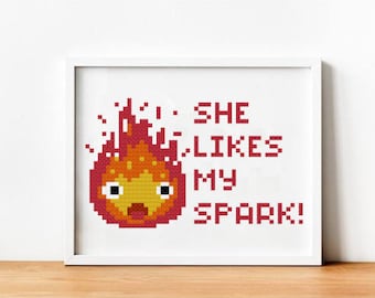 Calcifer from Howl's Moving Castle Embroidery Pattern, Studio Ghibli Anime Cross Stitch, Beginner Needlework, Gift for Anime Movie Lover PDF