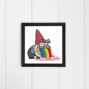 May include: A cartoon gnome with a red hat and a white beard is vomiting a rainbow. The rainbow is made of red, orange, yellow, green, blue, indigo, and violet. The gnome is wearing a blue shirt and brown trousers. Pink splatter is on the ground around the gnome.