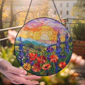 Wildflowers Suncatcher, Flowers Sunset Stained Glass Style Window Hangings, Wall Decor, Home Decor, Window Hanger Decor