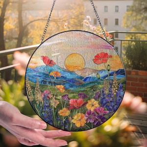 Wildflowers Sun catcher, Sunset Stained Glass Style Window Hangings, Wall Decor, Housewarming Gift, Home Decor, Window Hanger