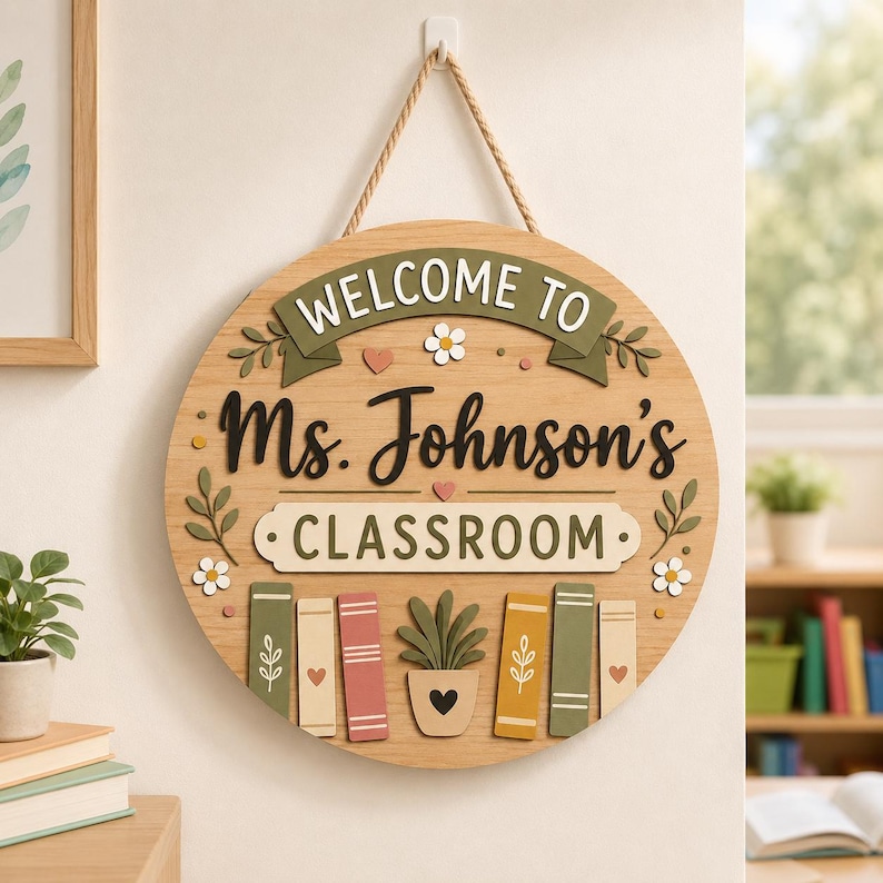 May include: Round wooden classroom sign with the text "WELCOME TO Ms. Johnson's CLASSROOM". The sign has a banner, floral accents, and a shelf with books and a potted plant. It hangs from a rope.