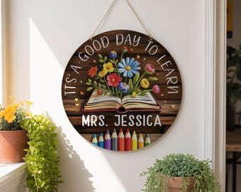 Custom Teacher Wooden Sign, Floral Wooden Sign for Door Wall Hanging, Flowers Teacher Signs Appreciation Gift, Back to School Decor Gift