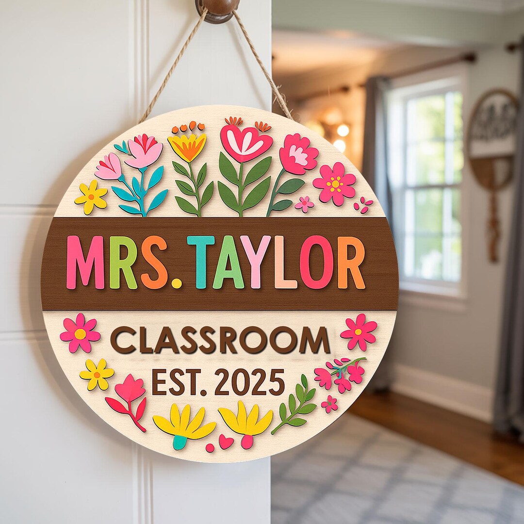 Personalized 3D Teacher Door Hanger, Custom Floral Teacher Name Door ...
