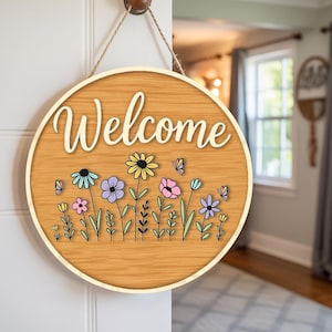 Wildflower Welcome Door Hanger, Floral Round Door Hanger, Wooden Welcome Door Hanger, Welcome Sign, Front Door Decor