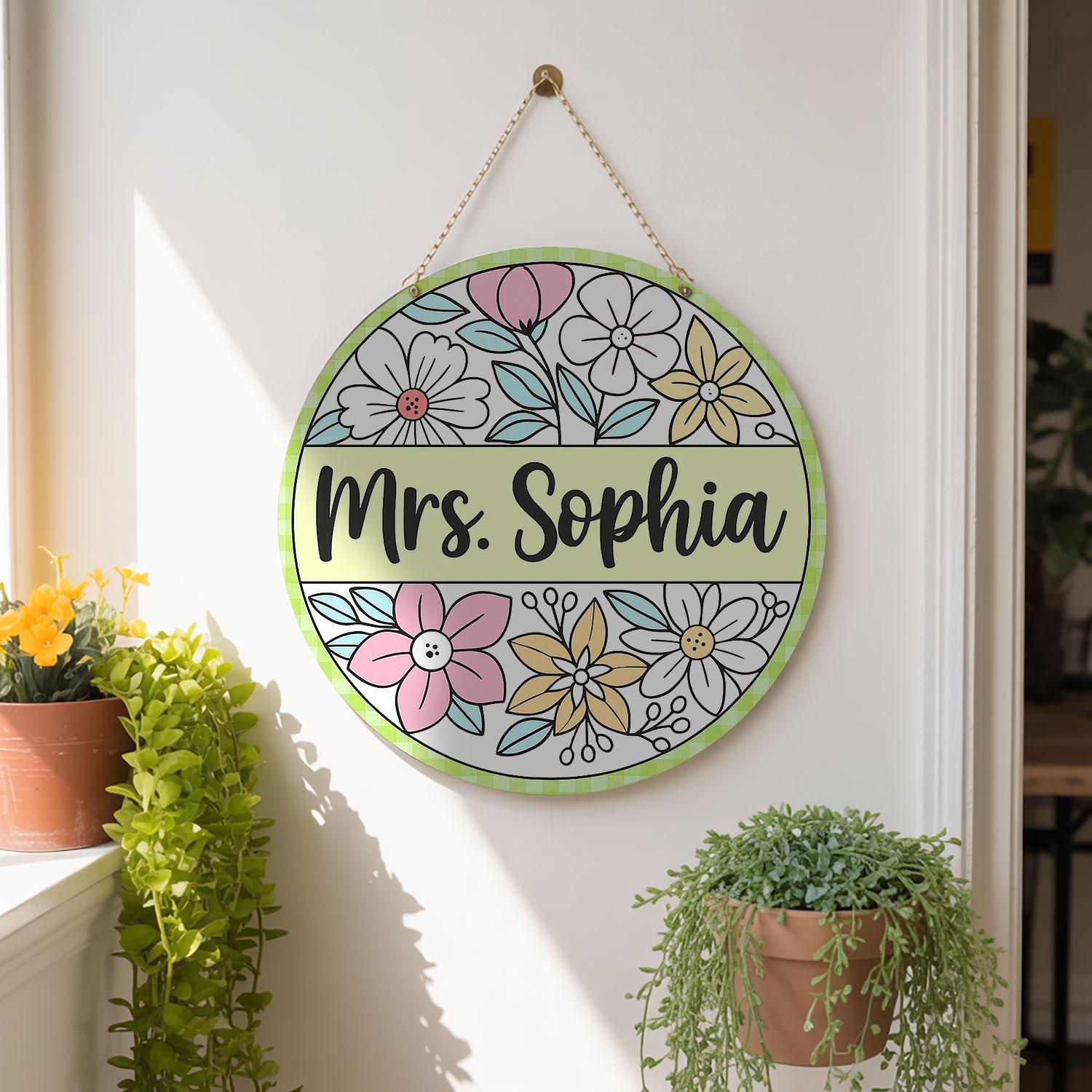 Personalized 3D Teacher Door Hanger, Custom Floral Teacher Name Door ...