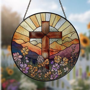 Stained Glass Cross Wildflower Suncatcher, Cross Glass Wall Hanging, Religious Cross Window Hanging, Home Decor