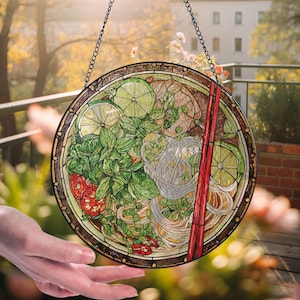 Vietnamese Pho Stained Glass Suncatcher, Pho Noodle Soup Wall Hanging, Asian Food Lover Gift, Kitchen Home Decoration