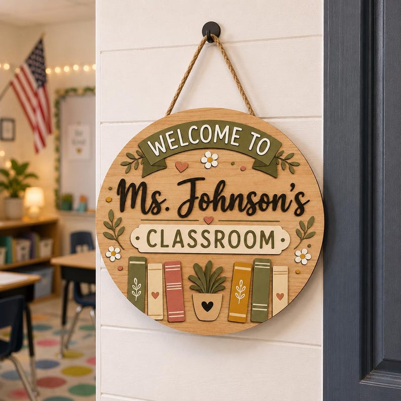 May include: A round wooden classroom sign with the text "WELCOME TO Ms. Johnson's CLASSROOM" in black and white. The sign has a rope hanger and features decorative elements like books, flowers, and a potted plant.