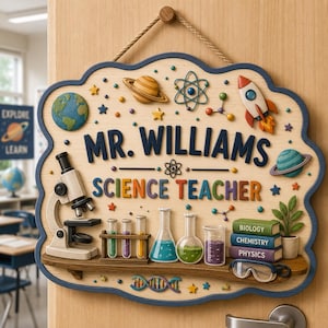 May include: Wooden science teacher sign with the name "Mr. Williams" and the words "Science Teacher". The sign features a microscope, beakers, books, and a rocket ship. The sign is decorated with planets, stars, and atoms.
