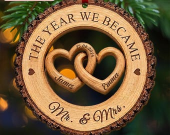 Personalized Wedding Ring Ornament, Engraved Couple Names and Wedding Date, Rustic Wood Christmas Ornament, Bridal Gift