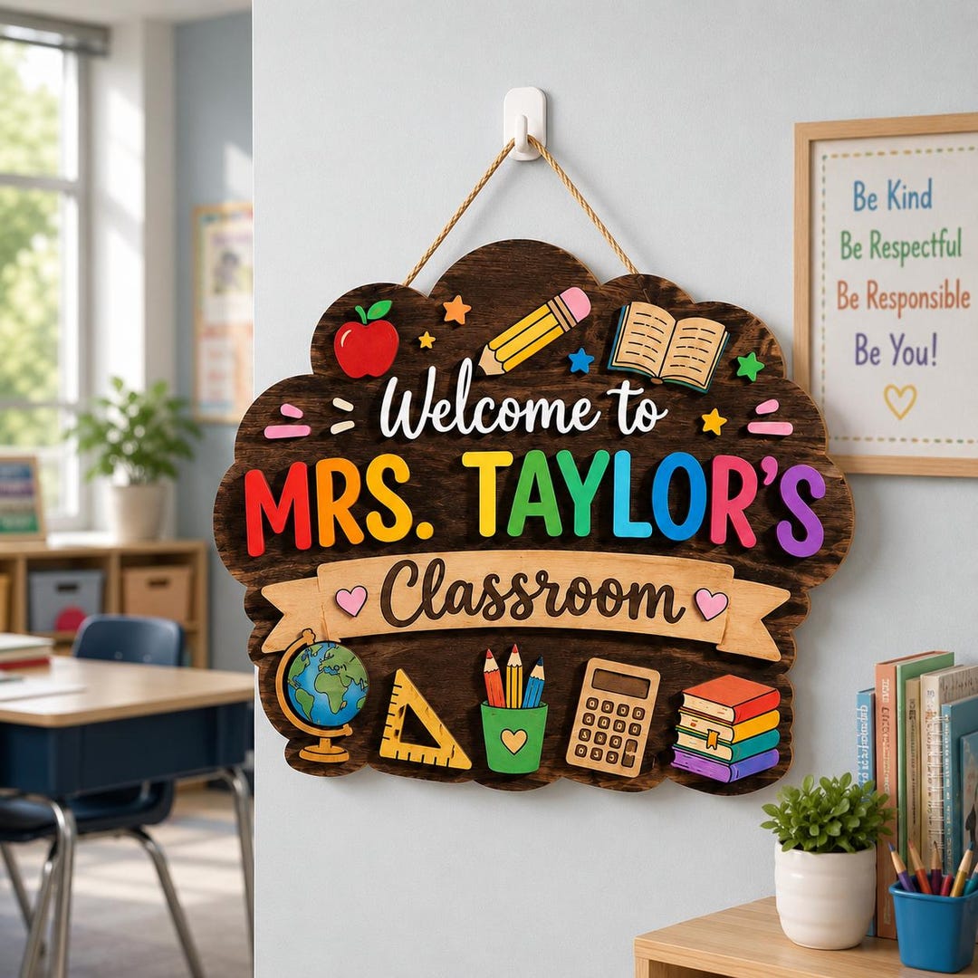 Personalized Classroom Door Sign, Custom Teacher Name Wood Hanger ...