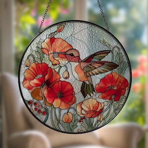 Hummingbird Hibiscus Stained Glass Suncatcher, Bird Window Hanging, Hummingbird Lovers Wall Hanging Ornament, Garden Gift