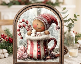 Gingerbread Christmas Decor, Wooden Arch Sign, Hot Cocoa Holiday Wall Art, Cozy Winter Home Decor, Christmas Gift for Family