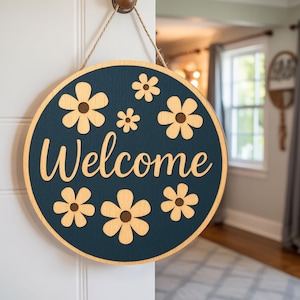Daisy Welcome Wooden Door Hanger, Spring Flower Door Sign, Floral Wooden Door Sign, Custom Welcome, Welcome Flower Pattern Sign