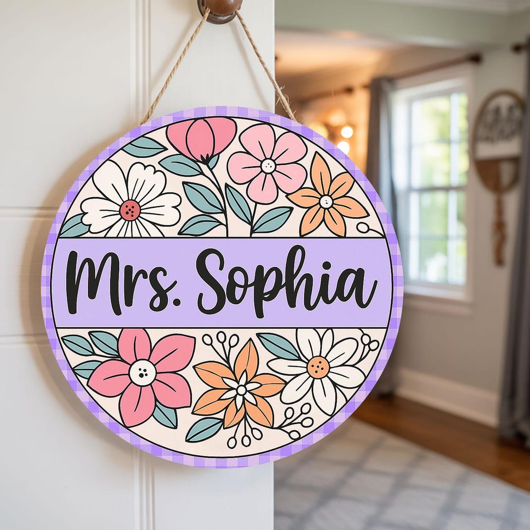 Personalized 3D Teacher Door Hanger, Custom Floral Teacher Name Door ...