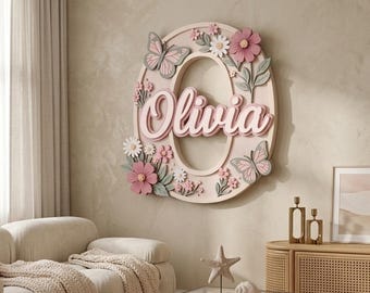 Personalized Nursery Name Sign, Custom Baby Girl Wall Decor, Floral Butterfly Name Plaque, Baby Shower Gift, Girls Room Nursery Decor
