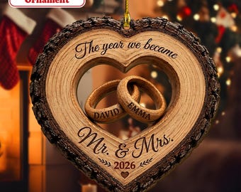 Custom Couple Name Ornament, Interlocking Wooden Hearts, Personalized Wedding Anniversary Gift, Rustic Christmas Tree Decor