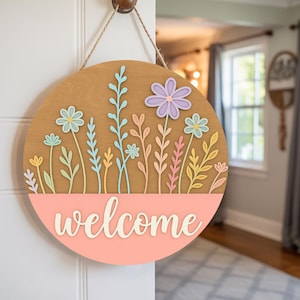 Wild Flower 3D Wooden Welcome Door Hanger, Floral Welcome Sign, Engagement Gift, Welcome Door Sign, Housewarming Gift