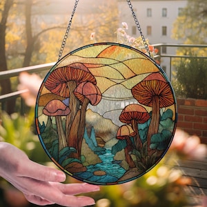 Mushroom Forest Stained Glass Suncatcher, Sunset Wall Hanging, Forest Wall Hanger Decor, Garden Lover Gift, Indoor Decor