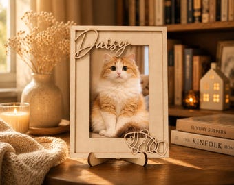 Custom Cat Photo Frame, Personalized Pet Picture Frame, Wooden Cat Decor, Custom Name Pet Frame, Cat Lover Gift