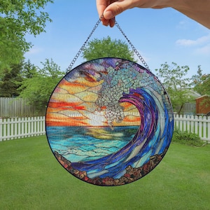 Sunset And Ocean Waves Suncatcher, Sunset On The Beach Stained Glass Wall Hanger, Ocean Waves Window Hanging, Indoor Decor, Sea Lover Gifts