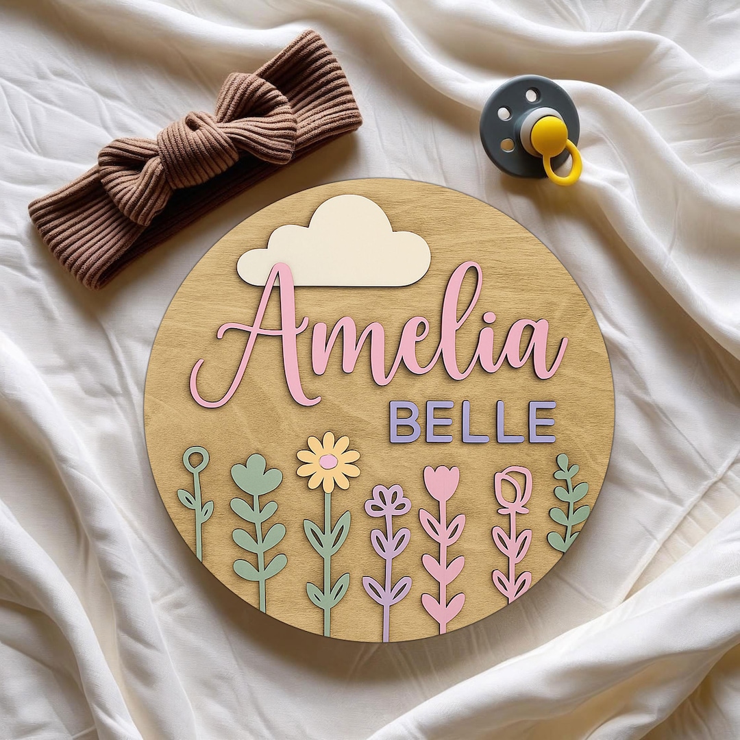 Name Sign Girl Rustic Rectangular Personalized 3D Wooden Name Sign, Custom Floral Nursery Name Sign, Girl ...