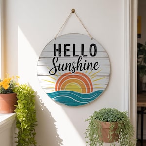 Hello Sunshine Welcome Door Sign, Wooden Sign Hanger for Decorations, Front Door Welcome, Summer Door Sign
