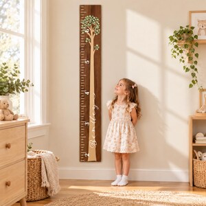 Puede incluir: Un medidor de altura de madera alto y rectangular con un acabado marrón oscuro y un gráfico de árbol de color claro. El tronco del árbol sirve como escala de medición, marcada con los números del 2 al 6, y el nombre Bentley está en letra blanca.