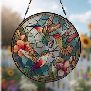 Hummingbird With Flower Stained Glass Suncatcher, Bird Stained Window Hanger, Wall Art Decor, Glass Light Catcher, Indoor Decor