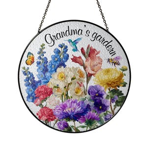 Custom Family Birth Flowers Suncatcher, Personalized Granma&#39;s Garden Stained Glass, Birth Month Flower Mum Suncatcher
