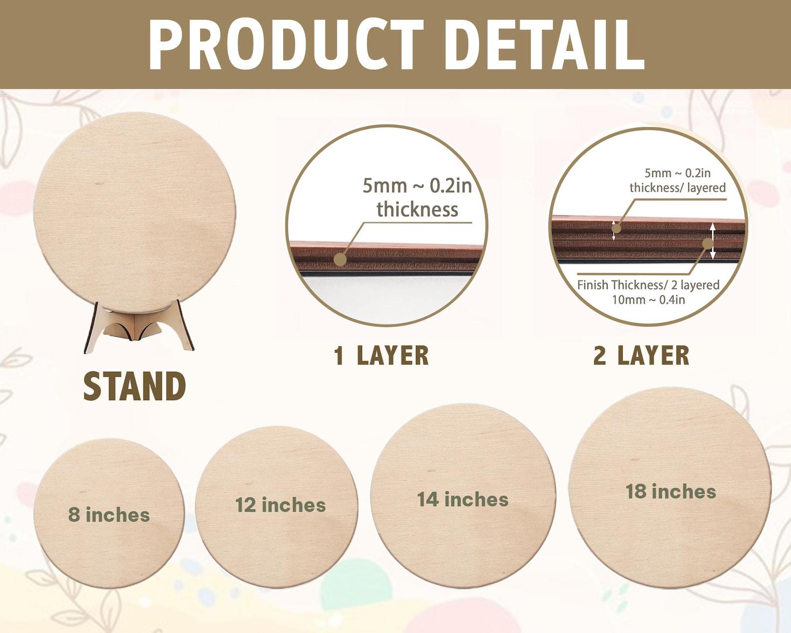 May include: Product detail image showing wooden circles in various sizes, including 8, 12, 14, and 18 inches. The image also shows a stand and details of the wood's thickness, which is 0.2 inches for a single layer and 0.4 inches for a two-layer finish.