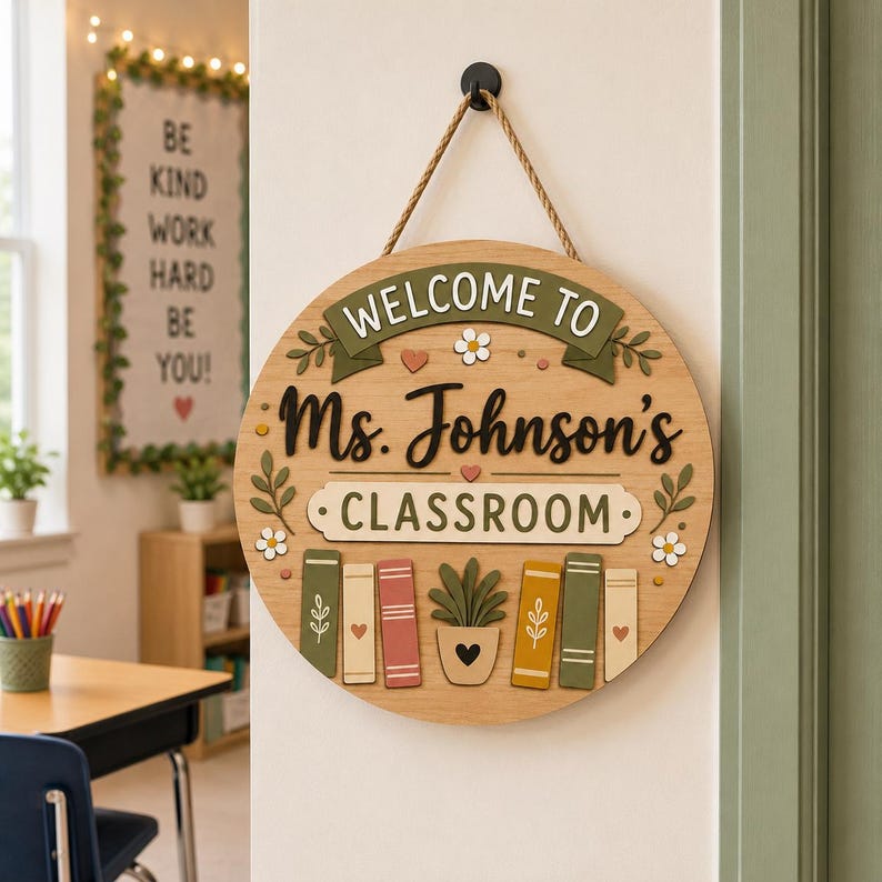 May include: A round wooden classroom sign with the text "WELCOME TO Ms. Johnson's CLASSROOM". The sign has a rope hanger and features decorative elements like books, plants, and floral accents. The sign is hanging on a white wall.