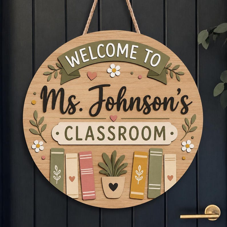 May include: Wooden classroom sign with the text "WELCOME TO Ms. Johnson's CLASSROOM". The sign has a round shape with a light brown background and decorative elements like flowers, hearts, and books. A rope is attached for hanging.