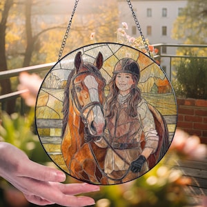 Custom Horse Portrait Stained Glass Suncatcher, Horse Window Hanging Pet Memorial, Personalized Horse Lover Gift