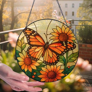 Monarch Butterfly Stained Glass Suncatcher, Sunflower Light Catcher Sun Room Decor, Sun Wall Hanging, Butterfly Gift, Garden Decor