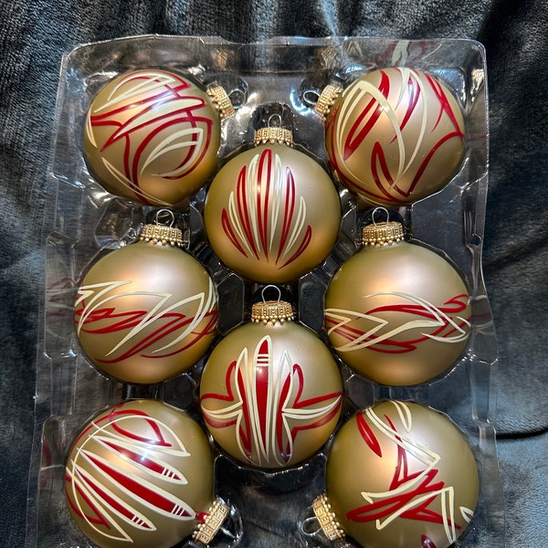 Gold Red White Pinstriped Glass Ornaments