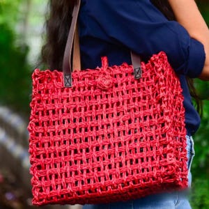 Handwoven Red & Brown Sabai Grass Tote Bag – Eco-Friendly Boho Beach Bag, Large Shopper Bag, Natural Fiber Handbag