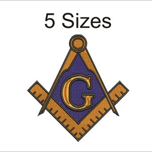 Könnte beinhalten: Ein gestickter Aufnäher in Gold und Lila mit einem Zirkel und einem Winkelmaß, einem 'G' in der Mitte und dem Text '5 Größen'.