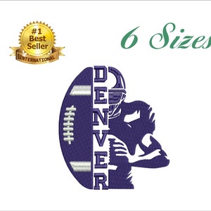 May include: Purple and white embroidery design of a football player with the word "DENVER" spelled vertically. The design includes a football and a helmet.