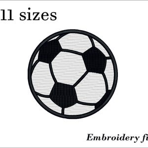 May include: A black and white soccer ball design. The image includes the text "11 sizes" above the ball and "Embroidery file" below it. The soccer ball is a classic design with black pentagons and white hexagons.