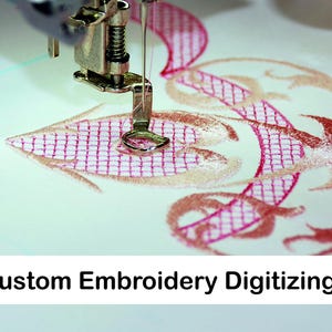 May include: Close-up of a sewing machine embroidering a pink and beige design on white fabric. The text "Custom Embroidery Digitizing" is visible below the image.